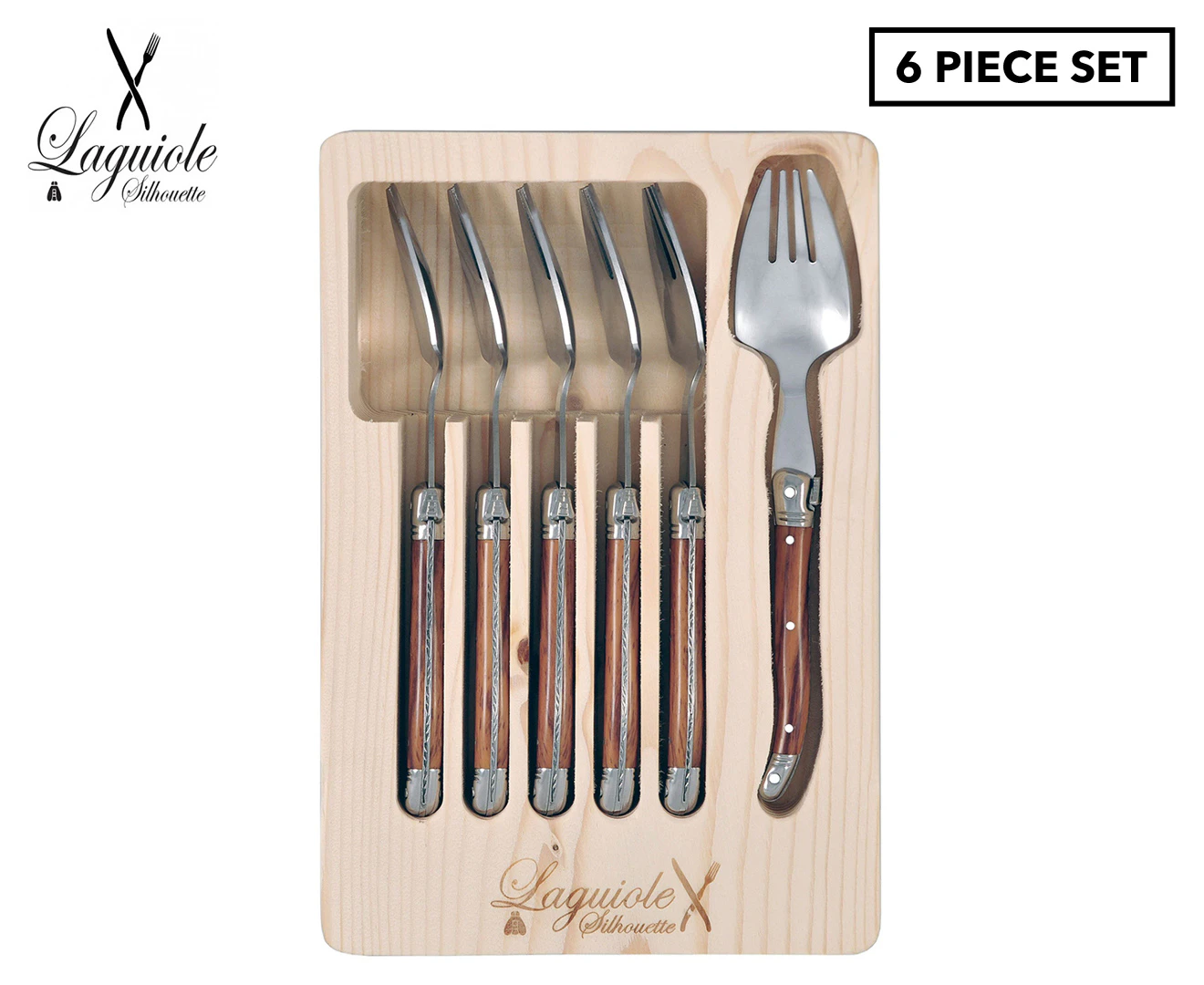 6pc Laguiole Silhouette Stainless Steel Spork Cutlery Utensils Set Wooden Brown