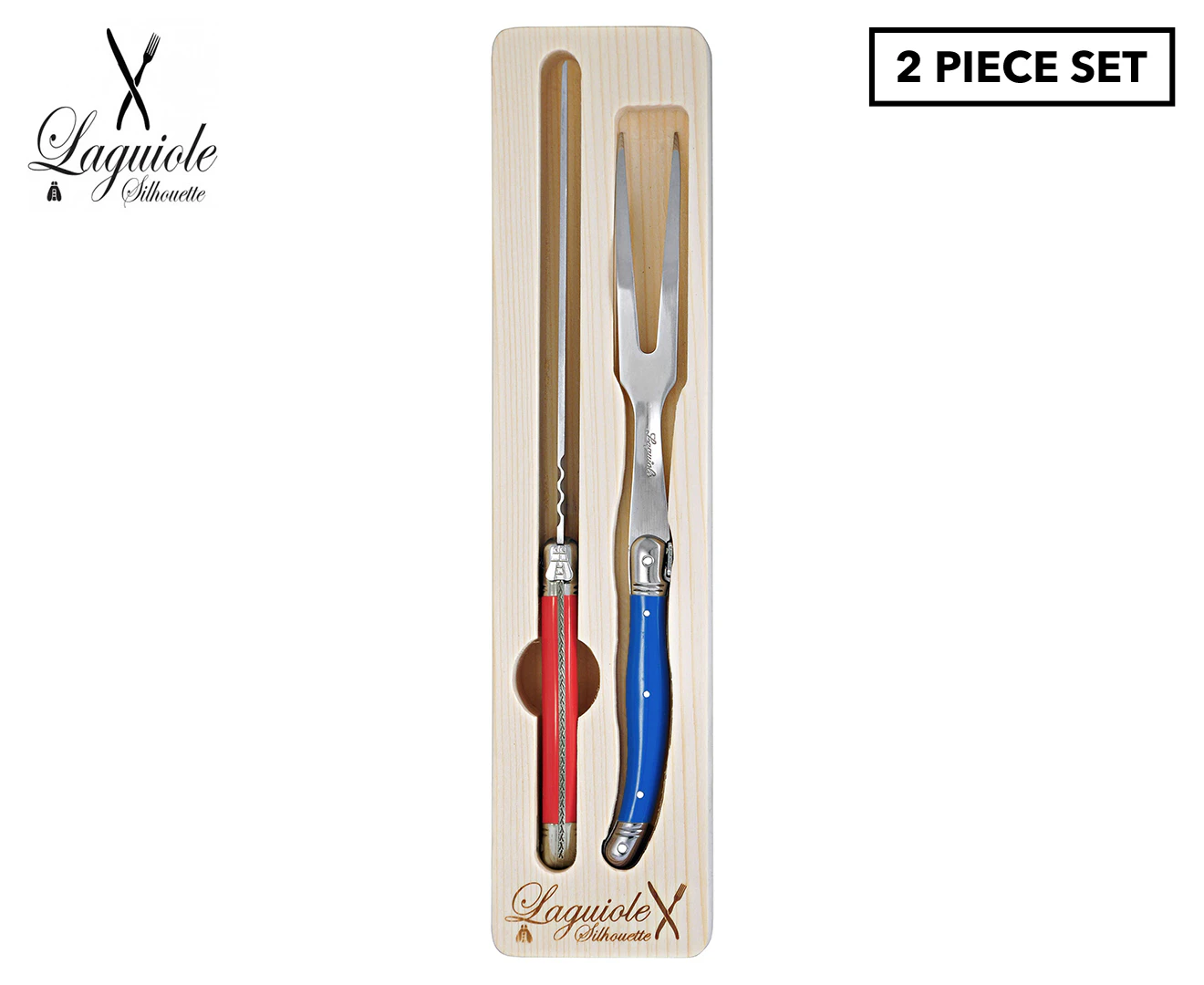 2pc Laguiole Silhouette Stainless Steel Carving Knife/Fork Set Utensils Blue/Red