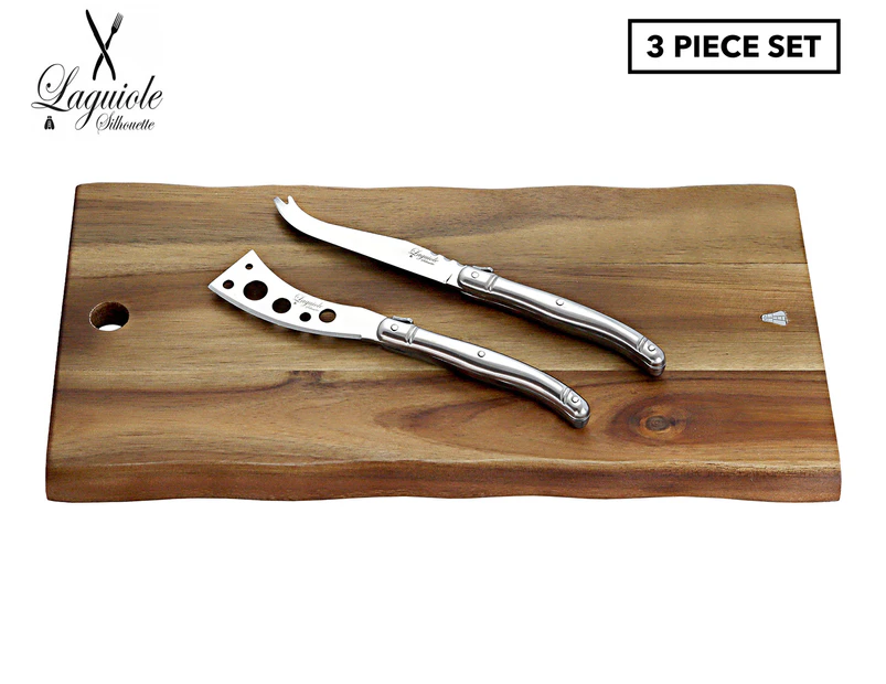 Laguiole Silhouette Premium 3-Piece Acacia Cheese Board & Knife Set - Stainless Steel