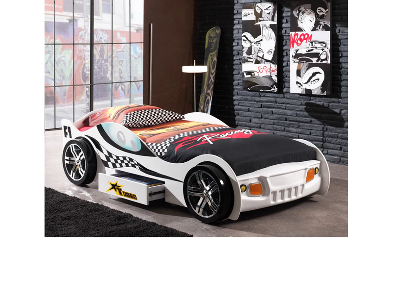Turbo Racing Single Car Bed with 1 Drawer - White