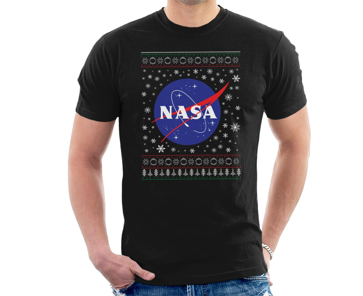 The NASA Classic Insignia Christmas Knit Pattern Men's T-Shirt - Black