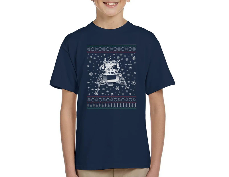 NASA Apollo Lunar Module Christmas Knit Pattern Kid's T-Shirt - Navy Blue