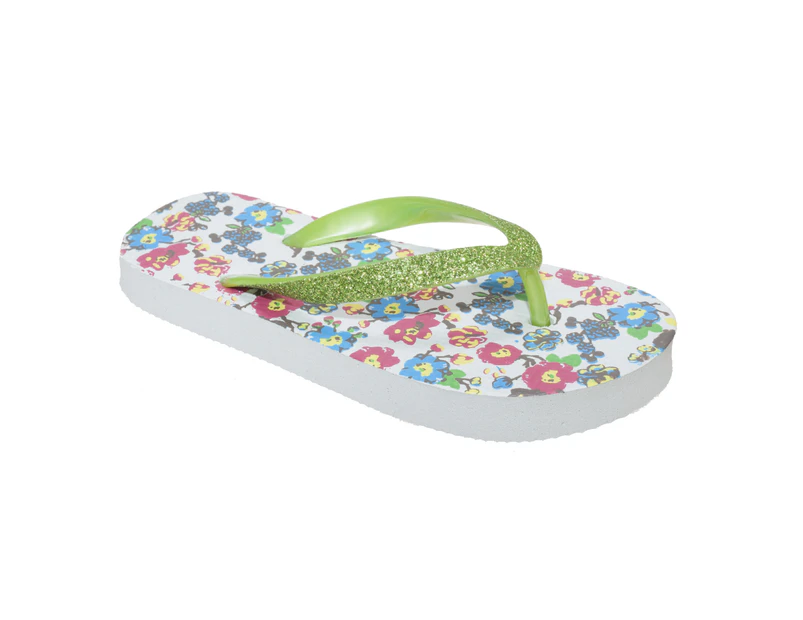 Floso Childrens/Girls Floral Toe Post Flip Flops With Glitter Strap (White) - FLIP244