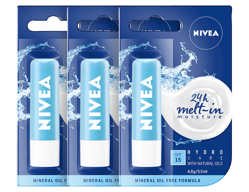 3 x Nivea Hydro Care Lip Balm 4.8g