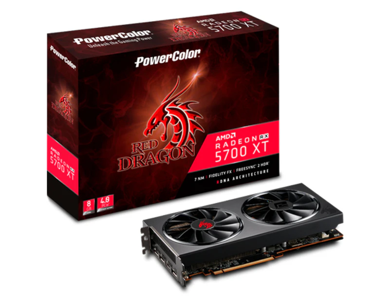 Powercolor Red Dragon RX 5700XT Graphics Card 8GB GDDR6, GPU upto 1905MHz, 1x HDMI 3xDisplayPort, 2 Slot, 2x Fans, 1x 8-Pin, 1x 6-Pin, 240mm length,