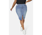 SUNDAY IN THE CITY Women's Two Men Down Denim Skirt in Mid Wash