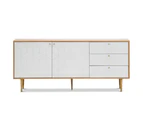 Mid Century Light Oak 2 Door 3 Drawer 180cm Sideboard Buffet in White & Gold Accents