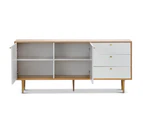 Mid Century Light Oak 2 Door 3 Drawer 180cm Sideboard Buffet in White & Gold Accents