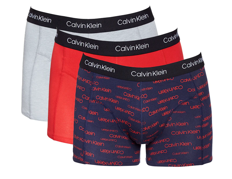 Calvin Klein Men's Axis Cotton Stretch Trunks 3-Pack - Manic Red/New Sign Logo Print/Wolf Grey