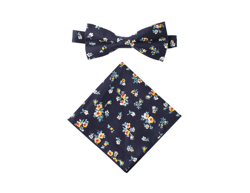 AusCufflinks Men's Floral Navy Yellow Cotton Bow Tie & Pocket Square Set