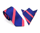 AusCufflinks Men's Navy Reddish Pink Stripe Business Tie & Pocket Square Set