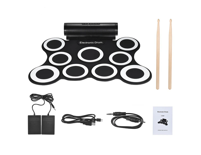 Stereo Roll Up Drum Kit 9 Silicon Drum Pads Built-in Speakers USB Powered & Drumsticks Foot Pedals 3.5mm Audio Cable for Beginners Kids