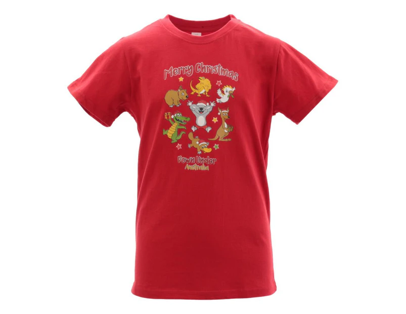 Kids Boys Girls Christmas Xmas T Shirt Tree 100% Cotton [Design: Australian Animals] - Red