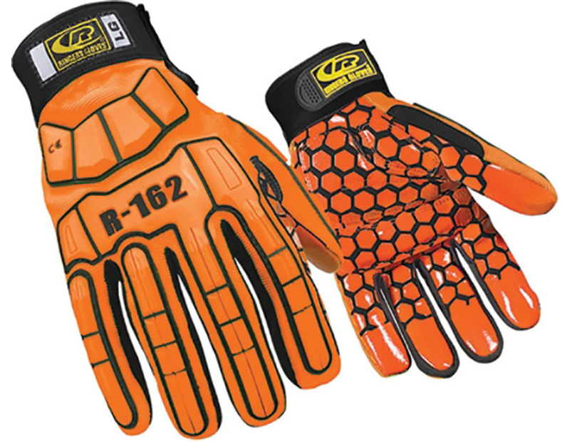 Ringers Superhero Synthetic Leather Impact Mechanics Gloves - Silicone Palm Coated 162 - Hi-Vis Orange