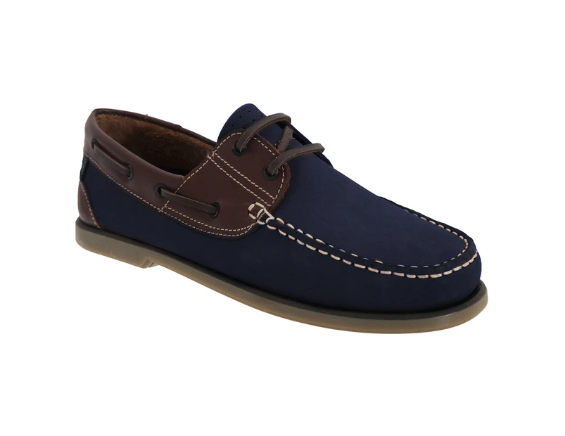 Dek Mens Moccasin Boat Shoes (Navy Blue/Brown Nubuck/Leather) - DF676