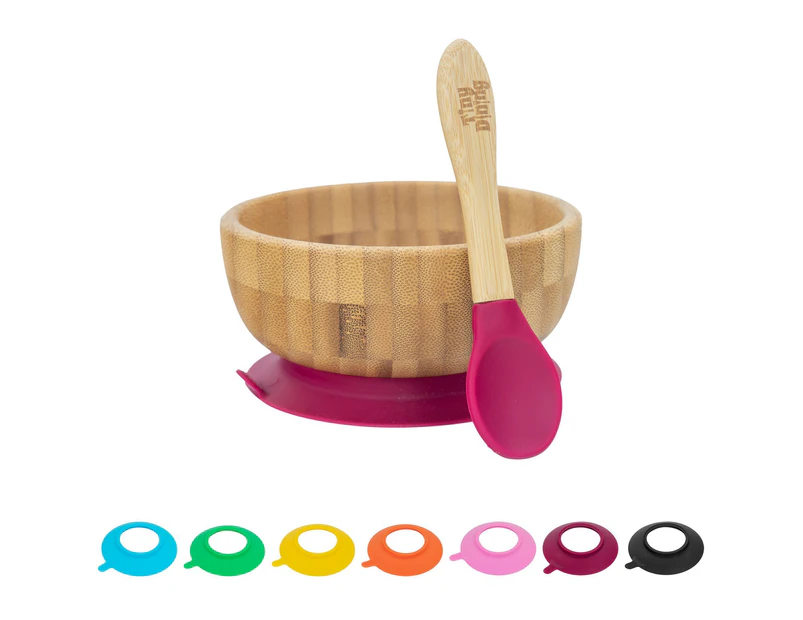 Tiny Dining Children's Bamboo Cereal / Dessert Bowl with Stay Put Suction & Soft Tip Spoon - Red