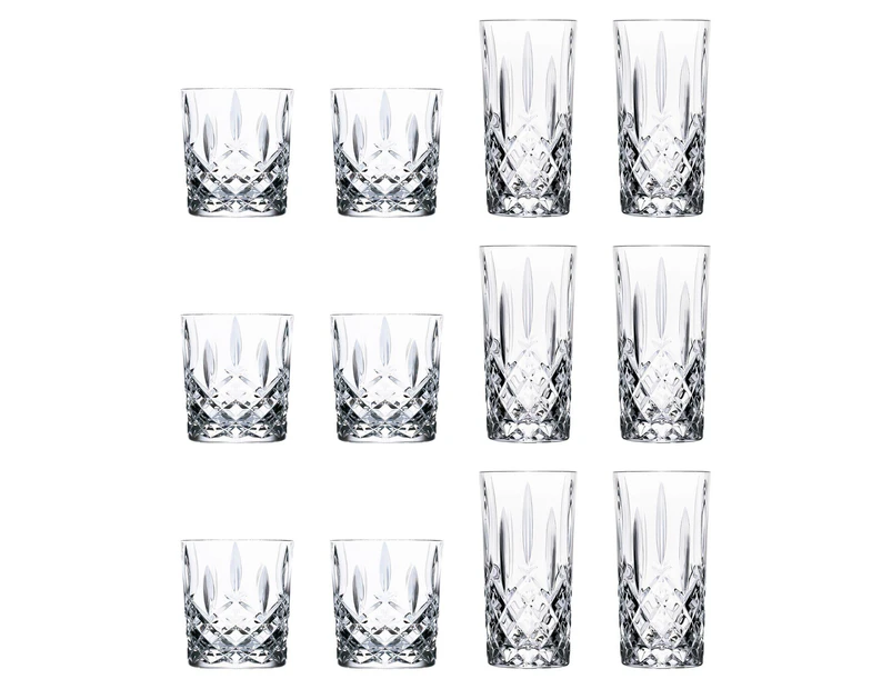 RCR Crystal Orchestra Cut Glass Whiskey Tumblers and Highball Cocktail Glasses - 340ml, 396ml - 12pc Set