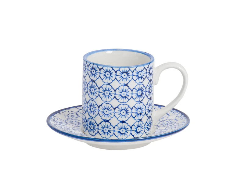 Nicola Spring Hand-Printed Espresso Cup and Saucer Set - Small Japanese Style Porcelain Coffee Mug - Navy - 65ml