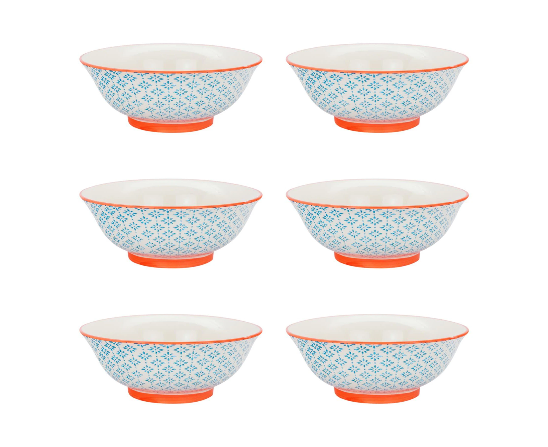 Nicola Spring Japanese Hand Printed Ramen Noodle Soup Bowl Set - Large 20cm Serving Bowls - Blue - Pack of 6