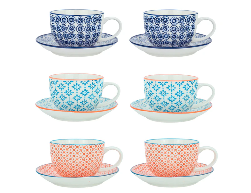 Nicola Spring Patterned Porcelain Cappuccino Cups and Saucers - 3 Designs, 250ml - Set of 6