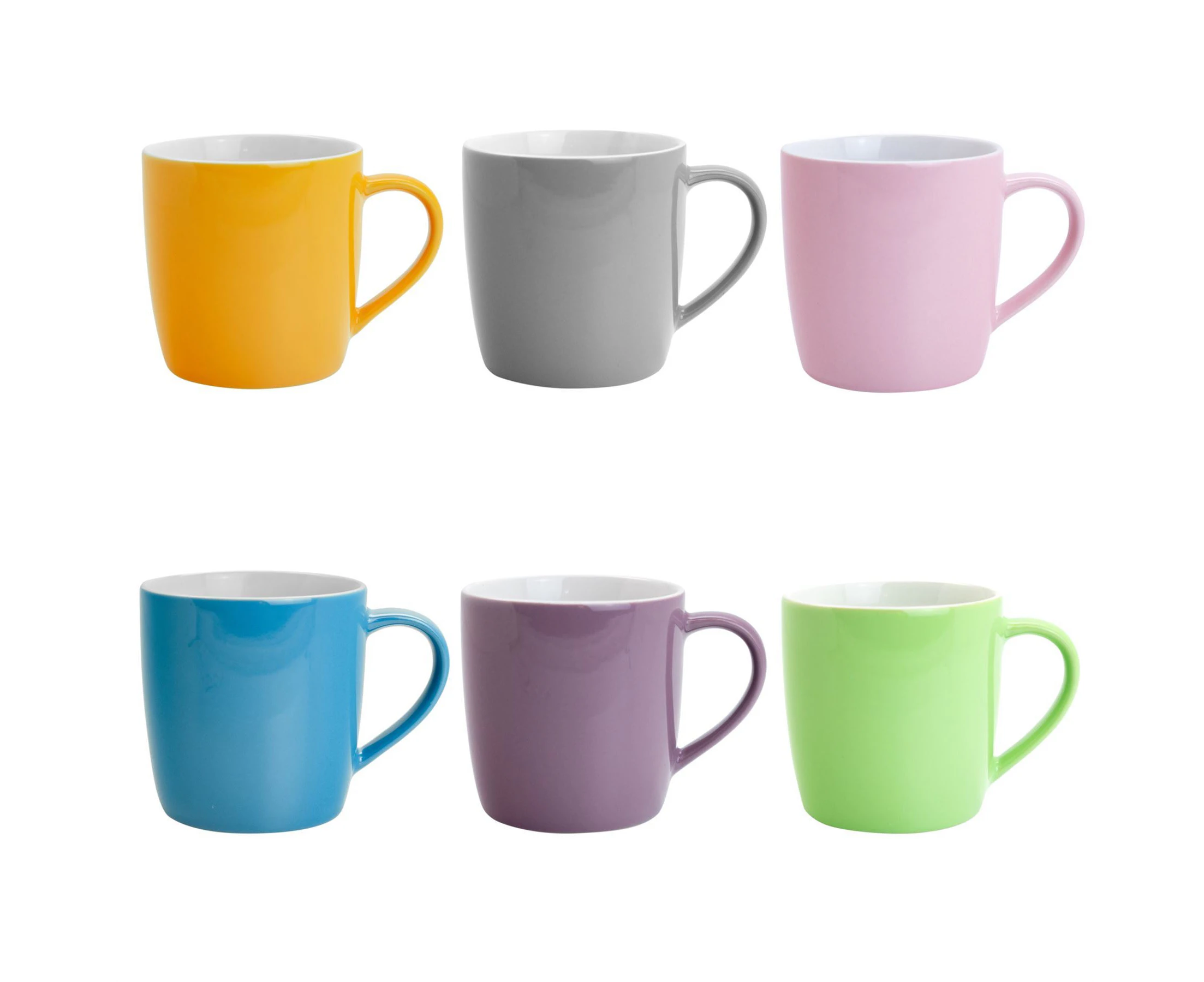 Argon Tableware Tea Coffee Ceramic Contemporary Coloured Mugs - 340ml - Blue / Pink / Green / Purple / Grey / Yellow - Set of 6