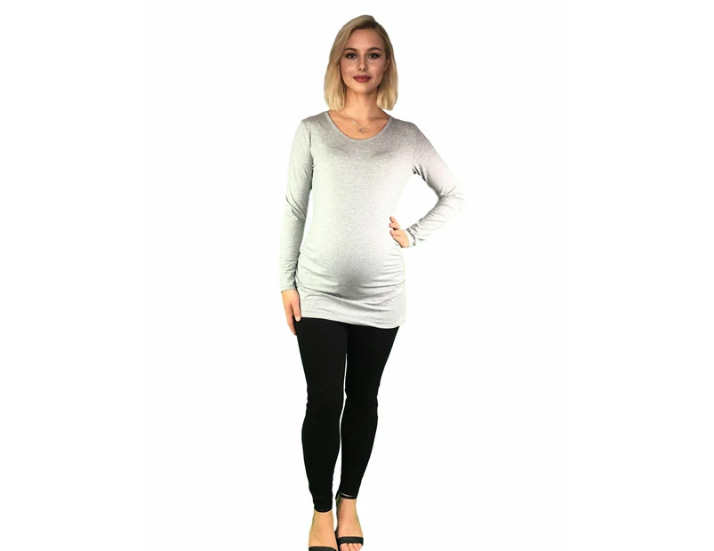 Maternity Long Sleeve Cotton Top With Side Ruching - Grey