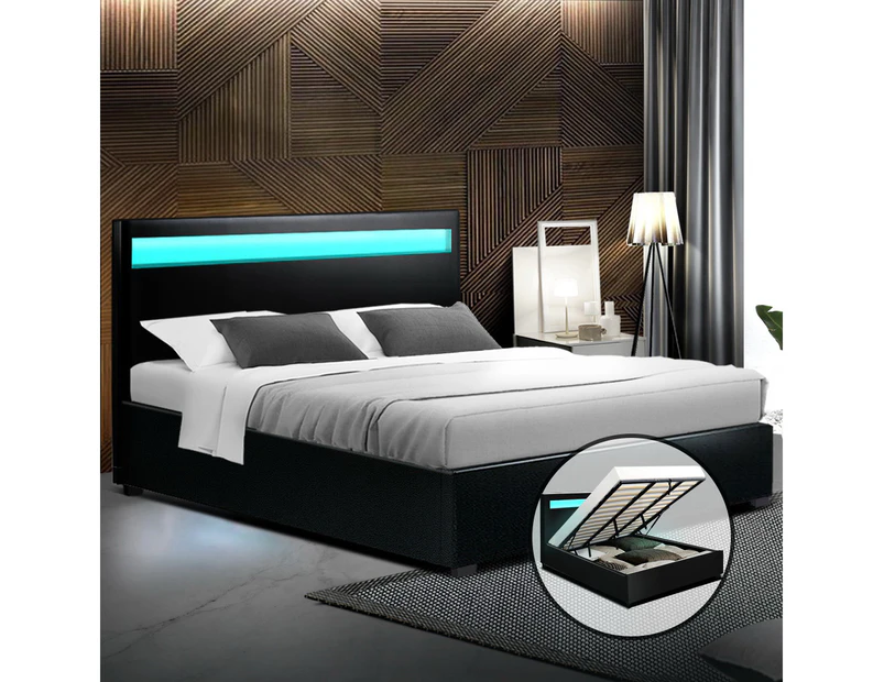 Artiss LED Bed Frame Gas Lift Base With Storage King Size Mattress Platform Black Leather Upholstered Headboard Cole Collection