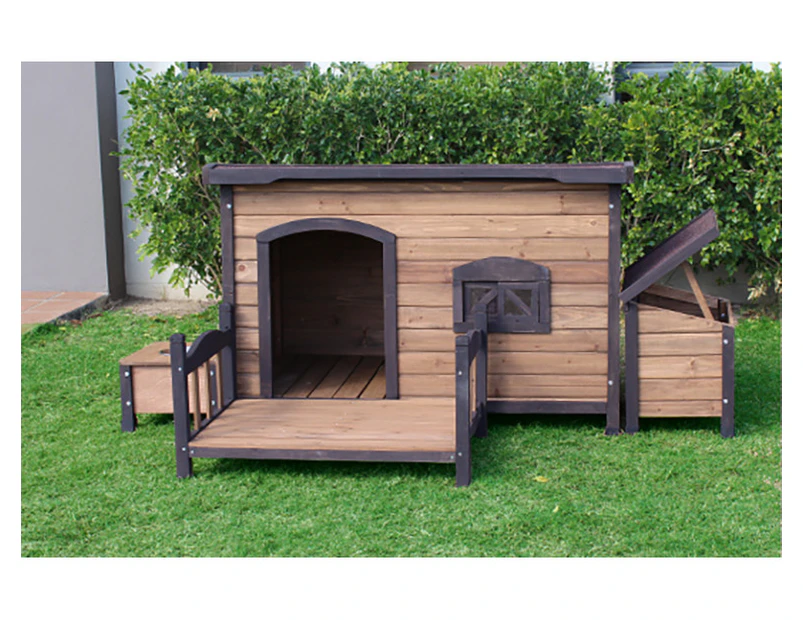 Brunswick Flat Roof Dog House (x-large) Package with XL Patio, Storage Unit and  Bowl