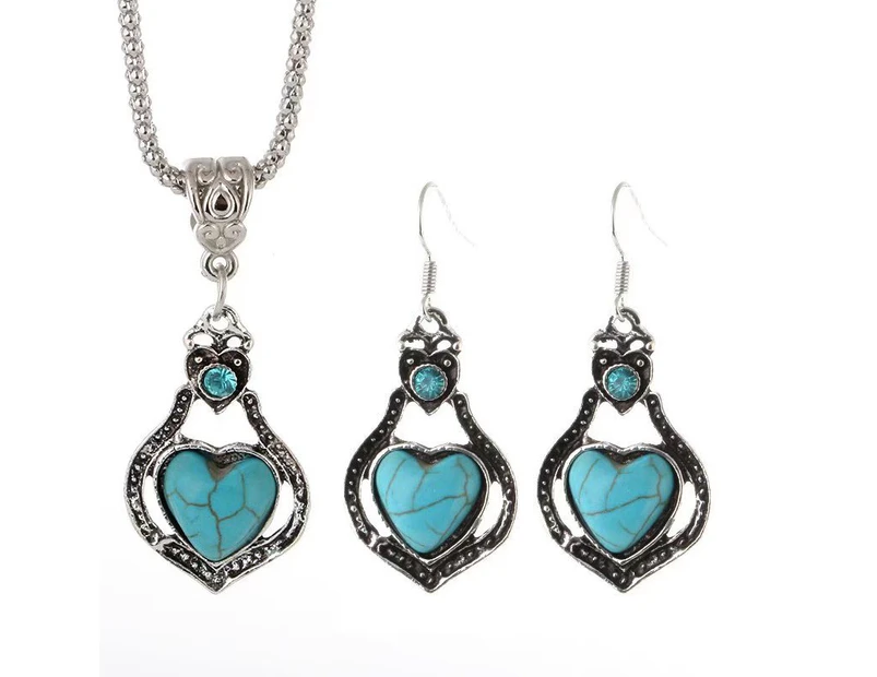 Fashionable Antique Accessories Set Alloy Turquoise Love Geometric Shape Pendant Earrings Necklace Set for Women