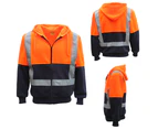 HI VIS Reflective Tape Fleece-lined Jacket FullZip Safety Hoodie Workwear Jumper - Fluro Orange / Navy