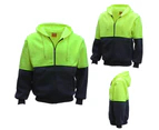 HI VIS Full Zip Fleece-lined Fleecy Hoodie Jumper Safety Workwear Pocket Jacket - Fluro Yellow / Navy