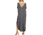 Women's Short Sleeve Side Slit Maxi Dress With Pockets - Charcoal Dark Grey
