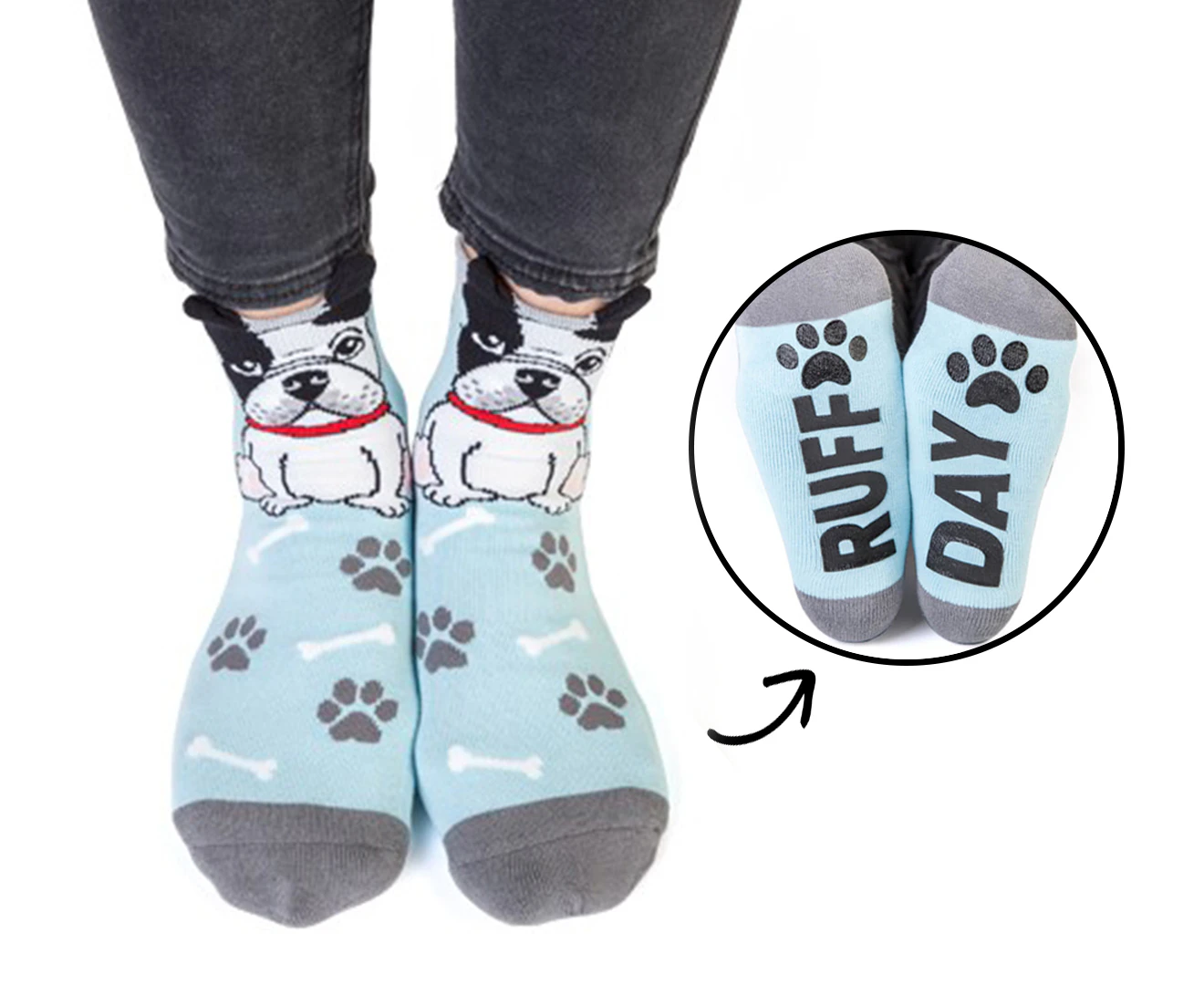 French Bulldog Socks 'Ruff Day' - Blue/Grey