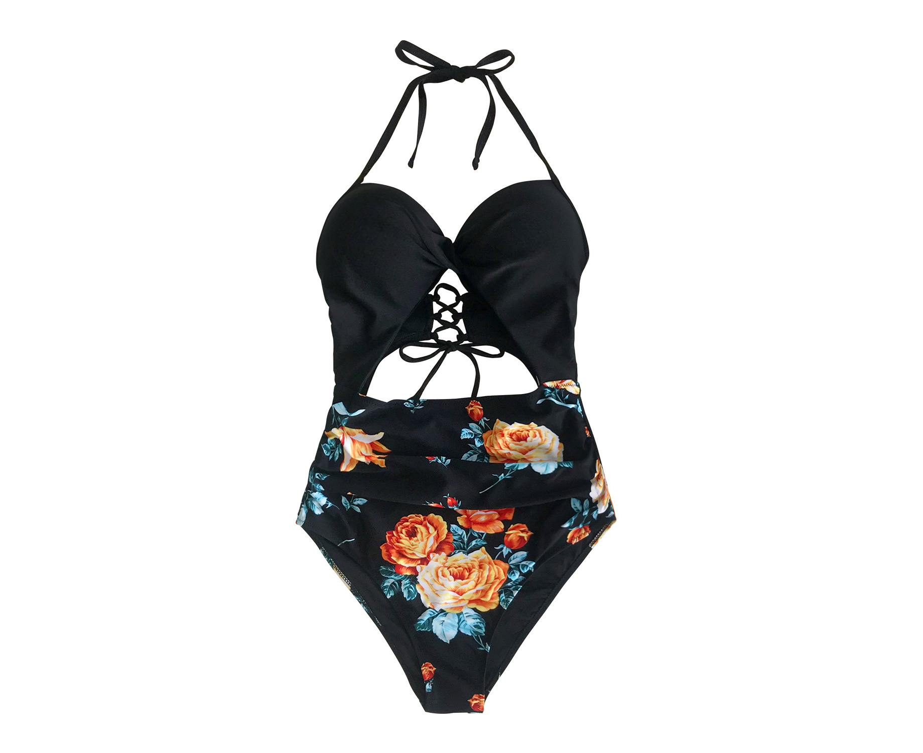 CUPSHE Women's Black Floral Print Plunging One Piece Swimsuit Patchwork