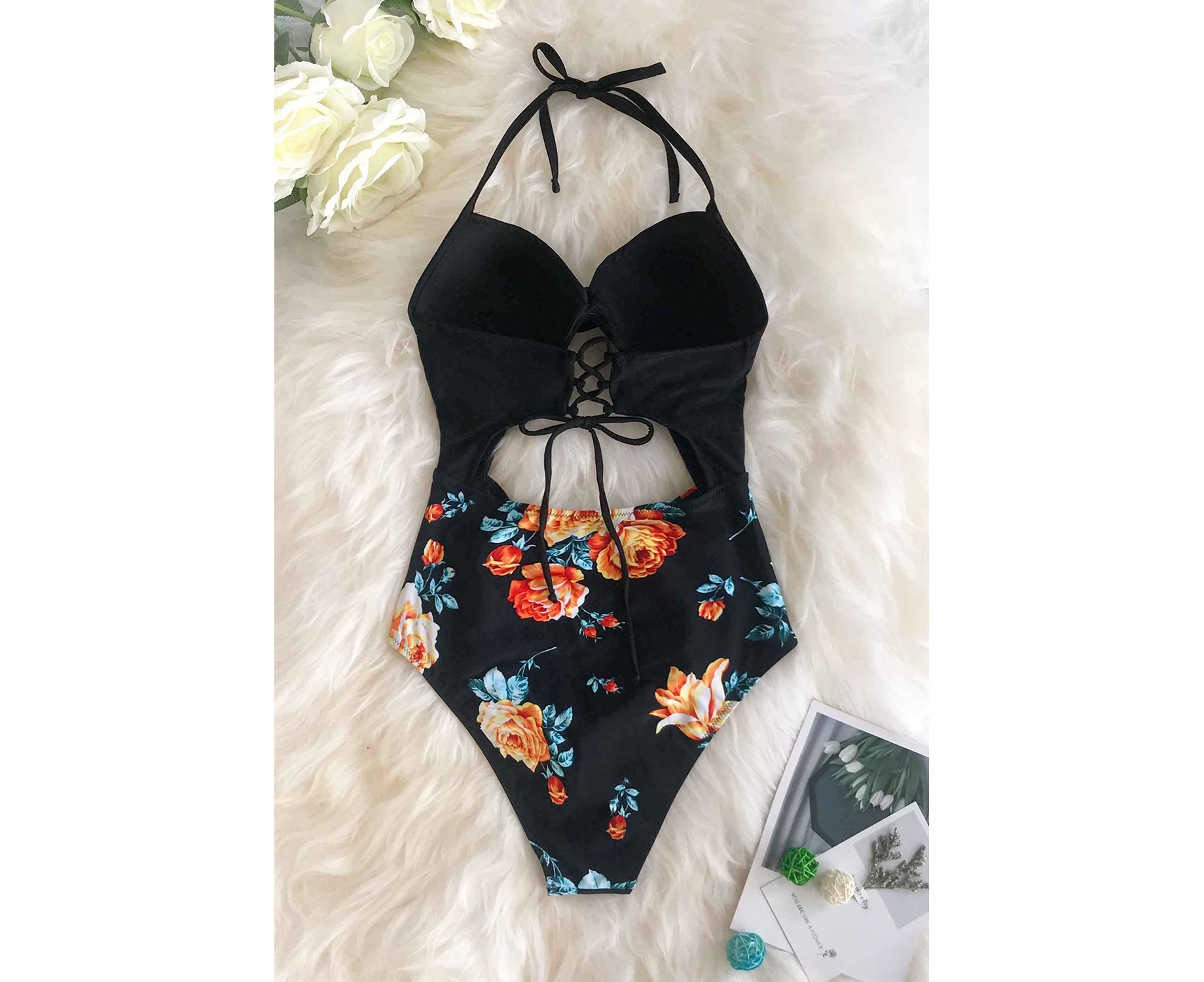 CUPSHE Women's Black Floral Print Plunging One Piece Swimsuit Patchwork ...