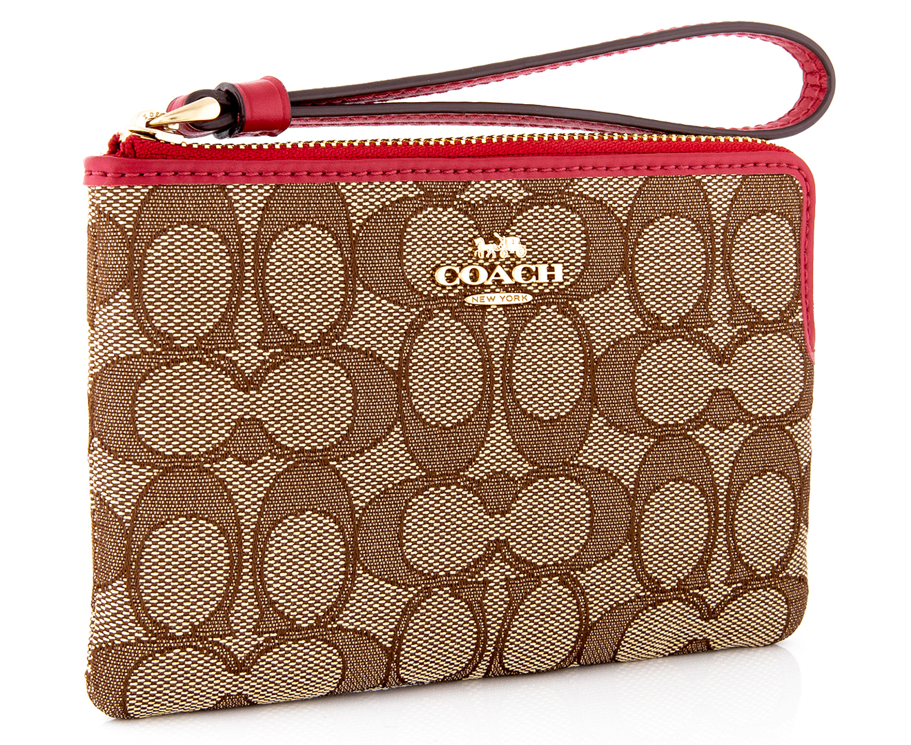 Coach Signature Corner Zip Wristlet Wallet - Khaki/True Red | Catch.com.au