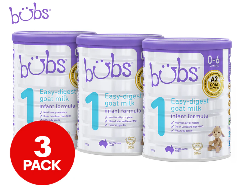 3 x Bubs Stage 1 Easy-Digest Goat Milk Infant Formula 0-6 Months 800g