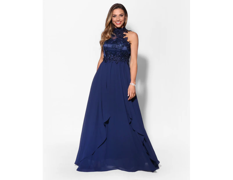 KRISP Womens Diamante Fitted Long Fishtail Party Bridesmaid Wedding Maxi Prom Dress - Blue - Navy