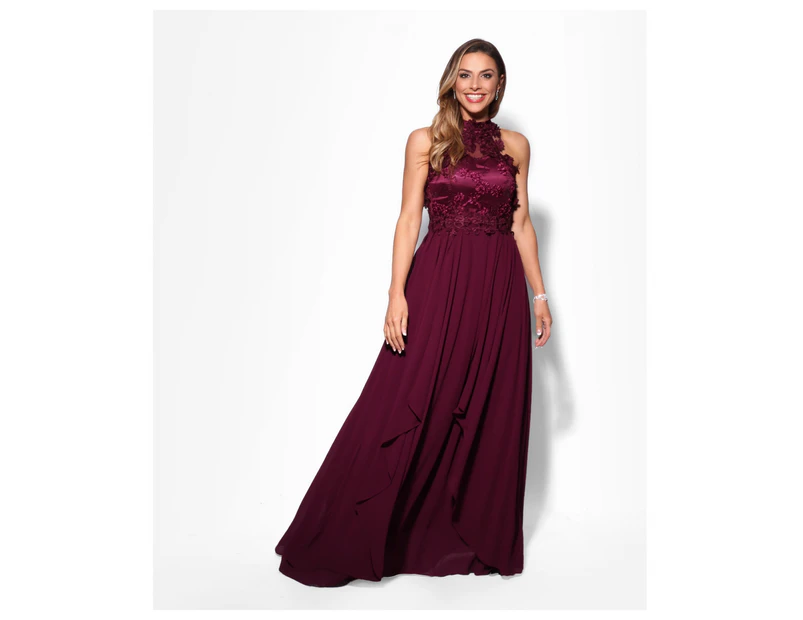 KRISP Womens Diamante Fitted Long Fishtail Party Bridesmaid Wedding Maxi Prom Dress - Red - Wine