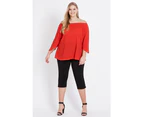 Beme Elbow Stud Sleeve Top   - Womens Plus Size Curvy - RED
