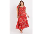 Beme 3Q Sleeve Smocked Maxi Dress   - Womens Plus Size Curvy - Red paisley