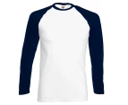 Fruit Of The Loom Mens Long Sleeve Baseball T-Shirt (White/Deep Navy) - BC328