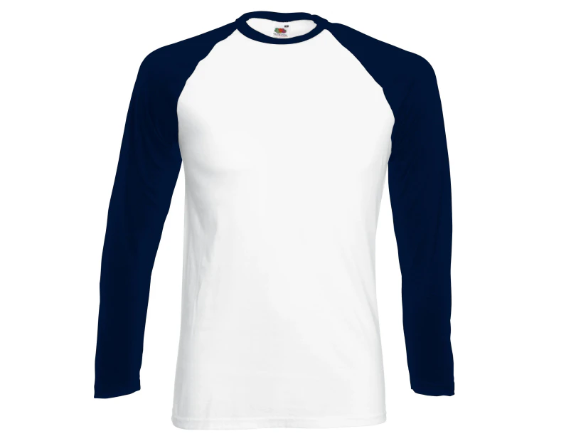 Fruit Of The Loom Mens Long Sleeve Baseball T-Shirt (White/Deep Navy) - BC328