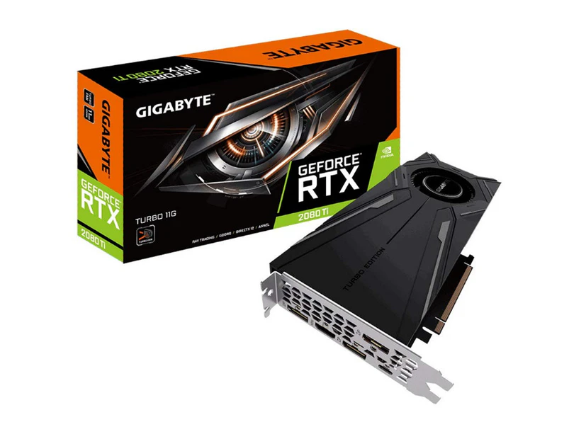 Gigabyte Geforce RTX 2080 Ti Turbo 11GB DDR6, GPU Speed 1545 MHz,  2 Slot, Type C + 1X HDMI + 3X DP, 2X 8 Pin, 272mm Length Max 4 Displays