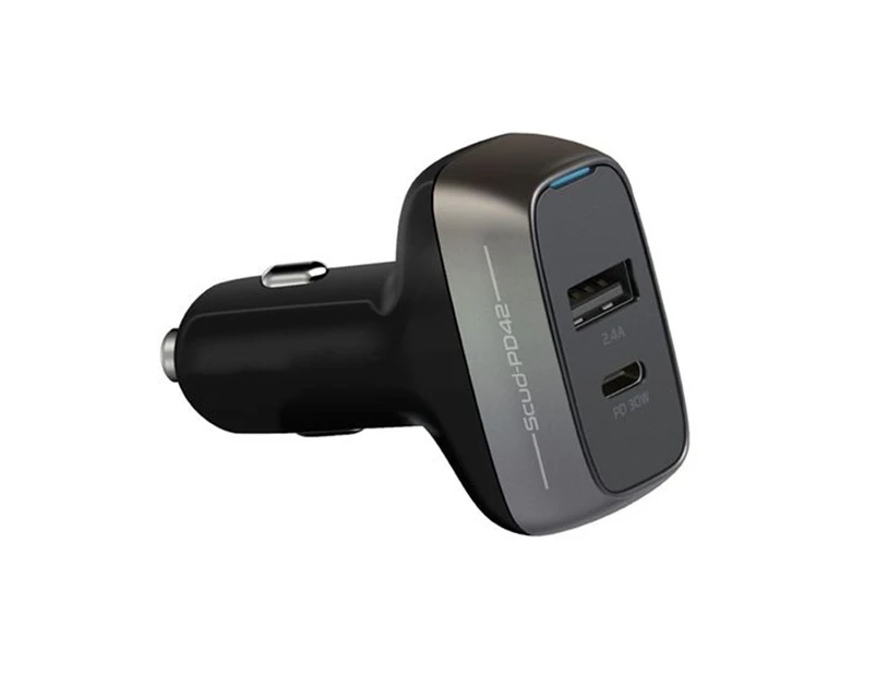 Promate SCUD-PD42.BLK 42W Car Charger with Power  Delivery USB-C Port and 2.4A USB-A Port. Charge a Macbook or any other PD-Enabled Device. Charge 2