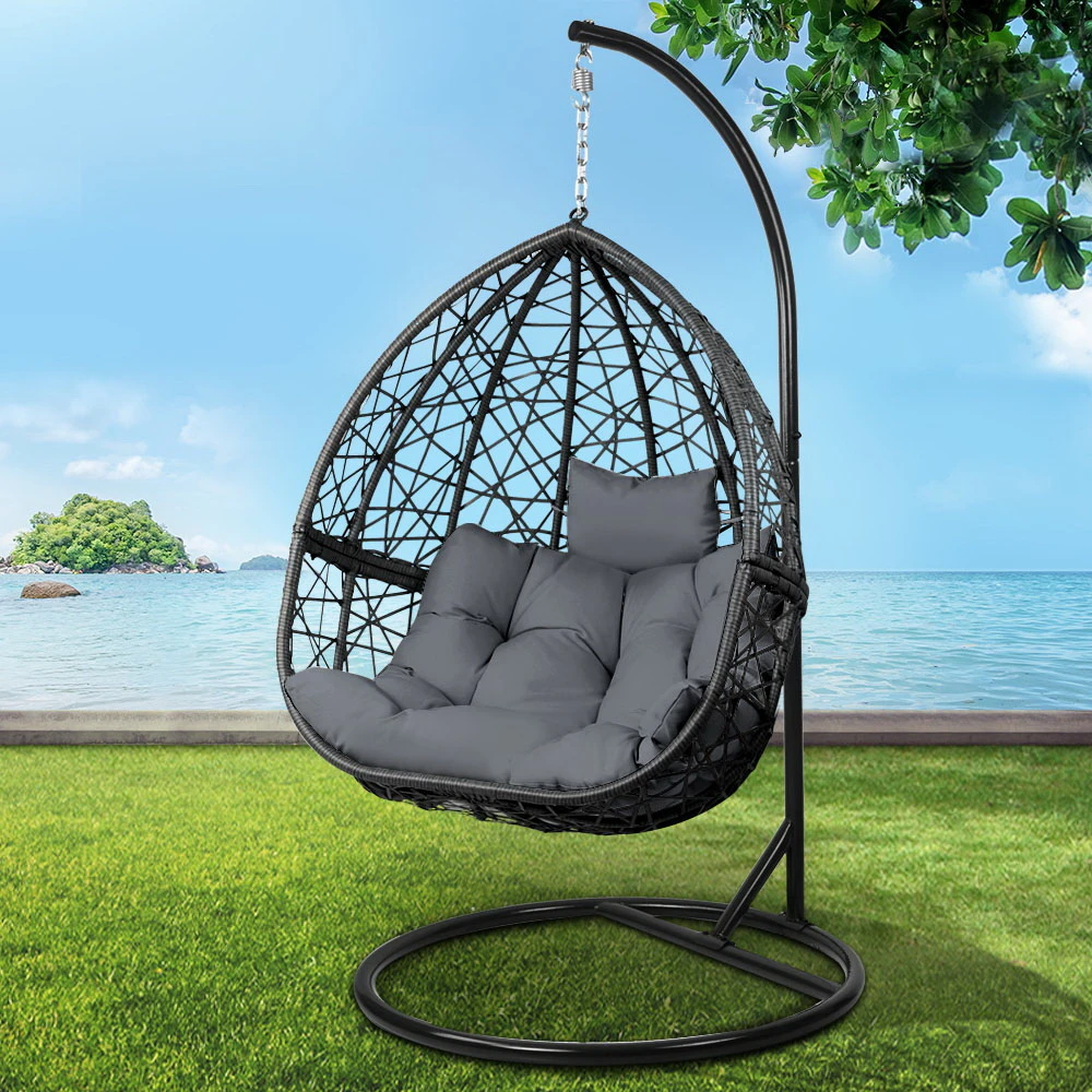 Gardeon Outdoor Egg Swing Chair Wicker Rattan Furniture Pod Stand Cushion Grey