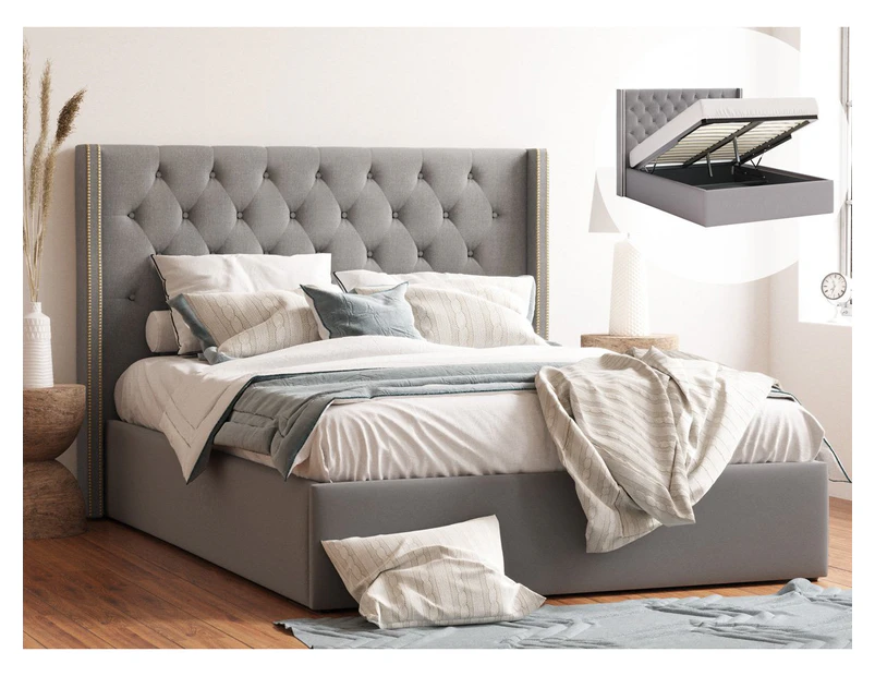 King Size Gas Lift Storage Fabric Bed Frame (125cm Winged Bed Head, Grey)