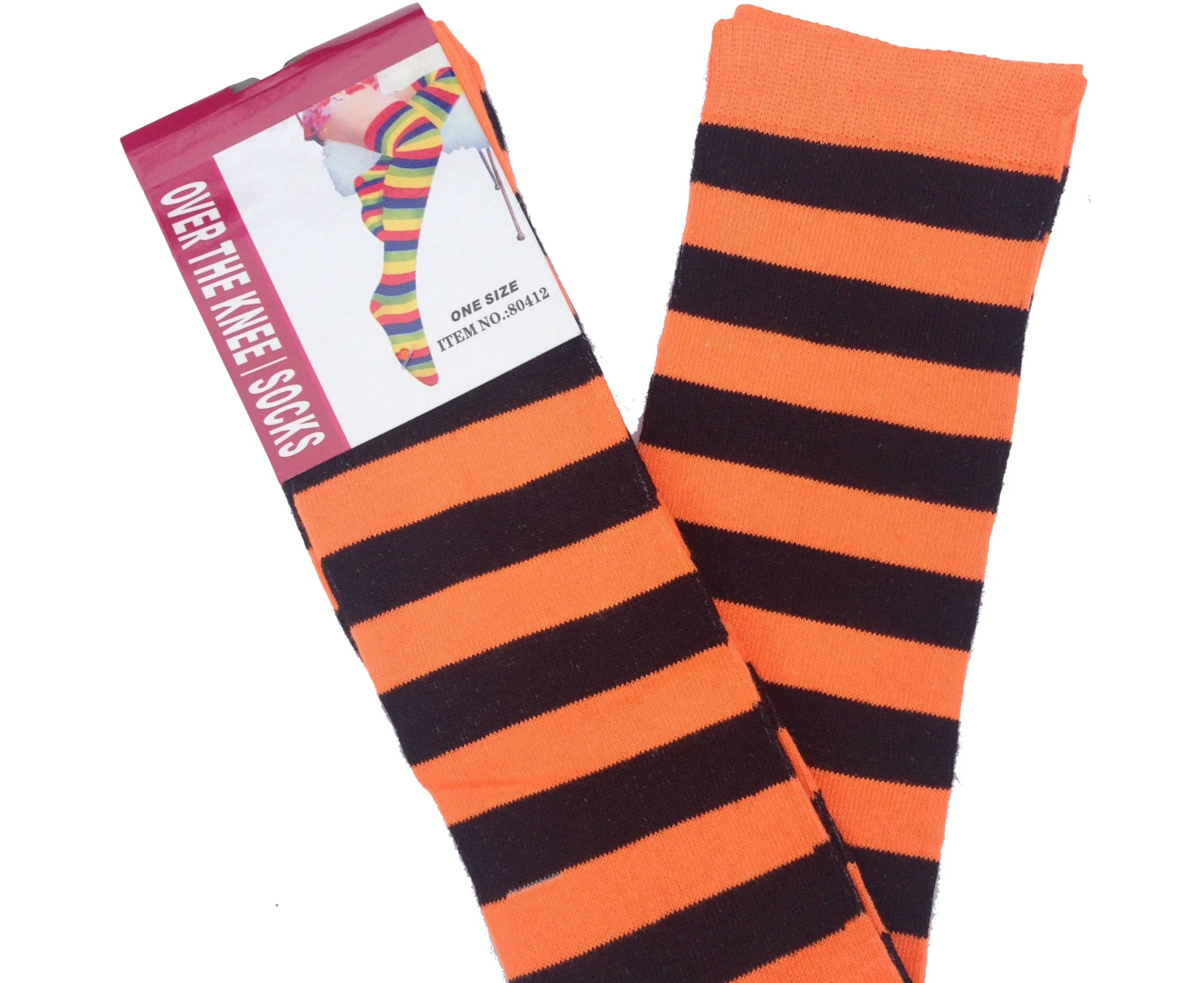 Women's Over The Knee Socks Plain Striped High Thigh Ladies Long Stripey Stocking - Orange/Black - Orange/Black