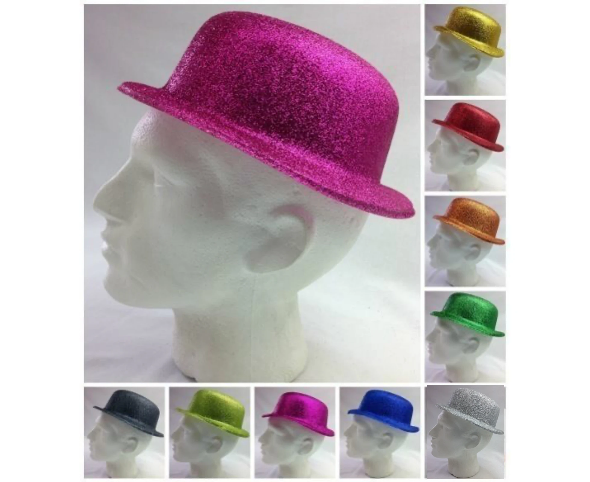 24x Glitter Bowler Hat Fancy Party Plastic Costume Cap Fun Dress Up Sparkle Bulk - Assorted Colours - Assorted Colours