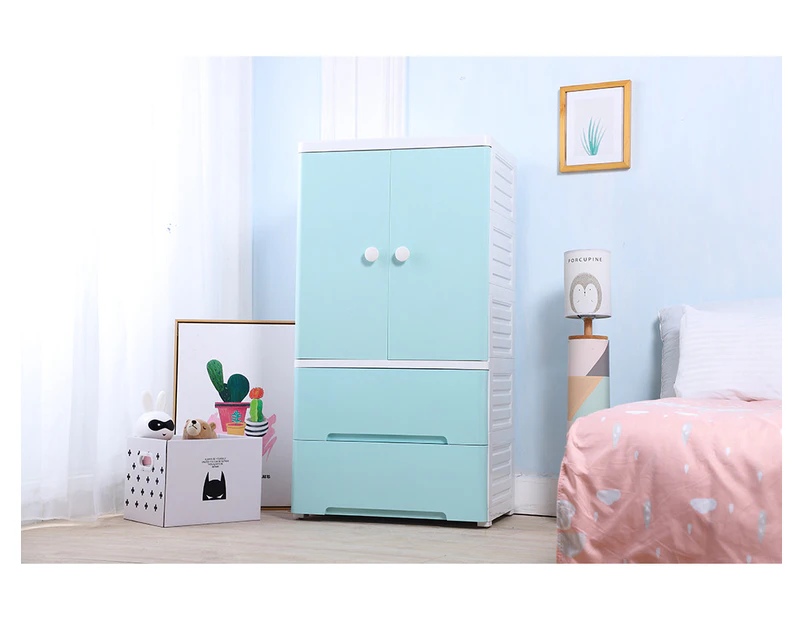 Large Wardrobe Tallboy Chest of Drawers For Kids Bedroom Blue White 4 Wheels